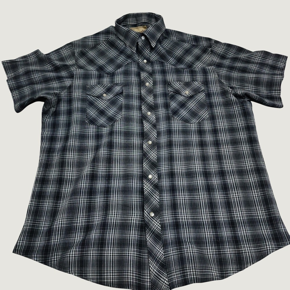 Wrangler Pearl Snap Western Shirt Mens XL Distressed Black White Plaid Cowboy